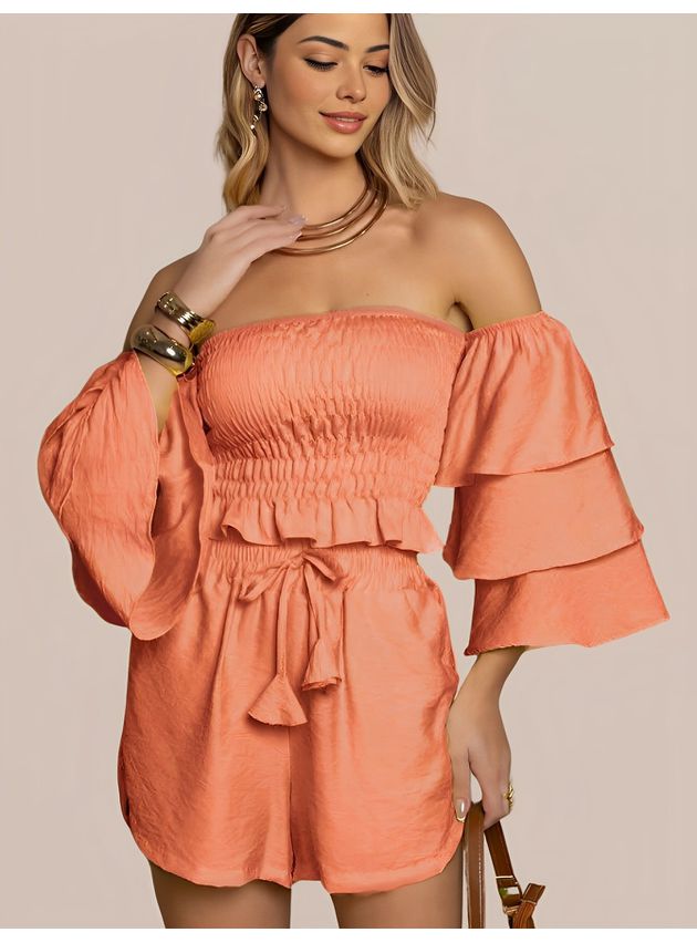 Conjunto Feminino Cropped Manga Ciganinha Shorts Curto - Laranja