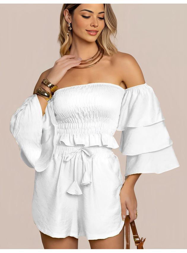 Conjunto Feminino Cropped Manga Ciganinha Shorts Curto - Branco