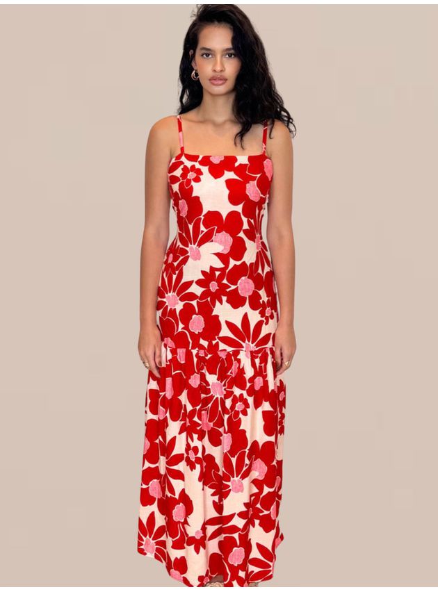 Vestido Tati Longo Floral de Alcinha - Vermelho