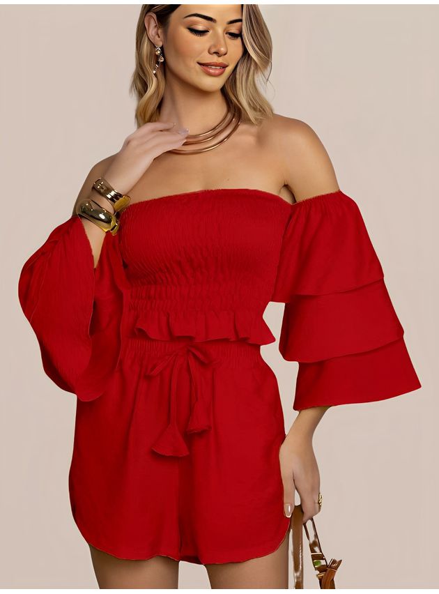 Conjunto Feminino Cropped Manga Ciganinha Shorts Curto - Vermelho