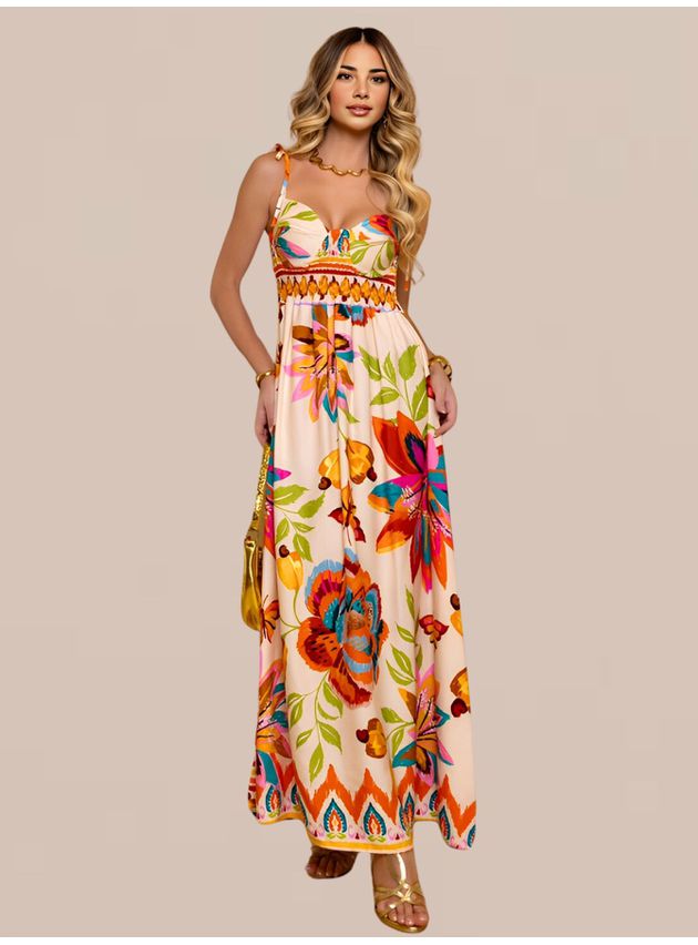 Vestido Stela Longo Amarração Estampado - Florido