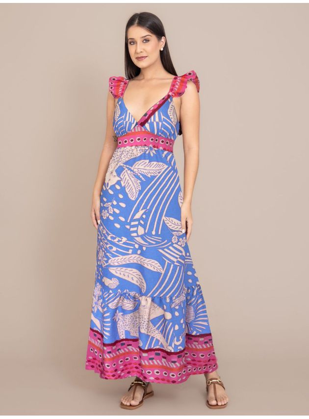 Vestido Longo Camila Estampado Azul Claro