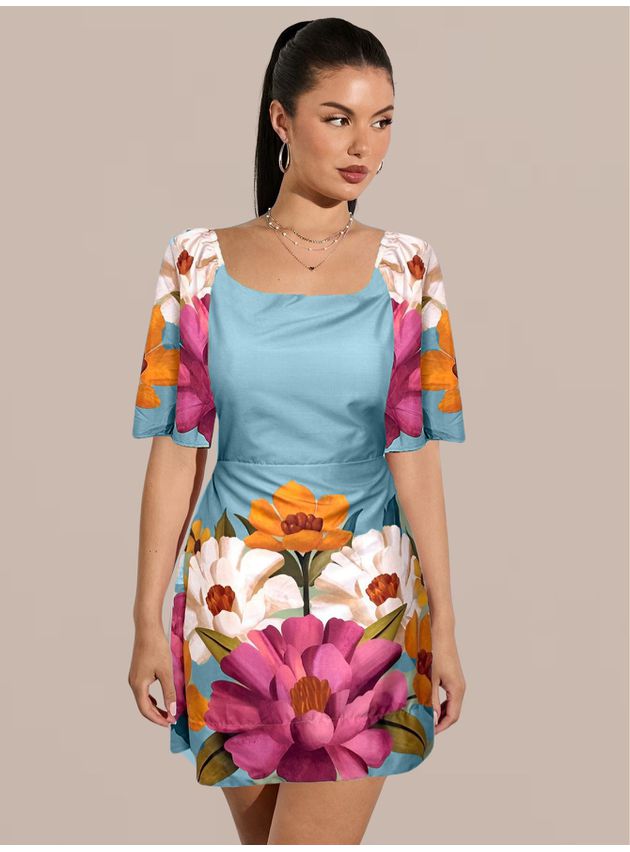 Vestido Amanda Curtinho Tubinho Floral - Azul