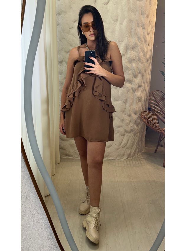 Vestido Curto Vivi Franja Alcinha Fina - Caqui