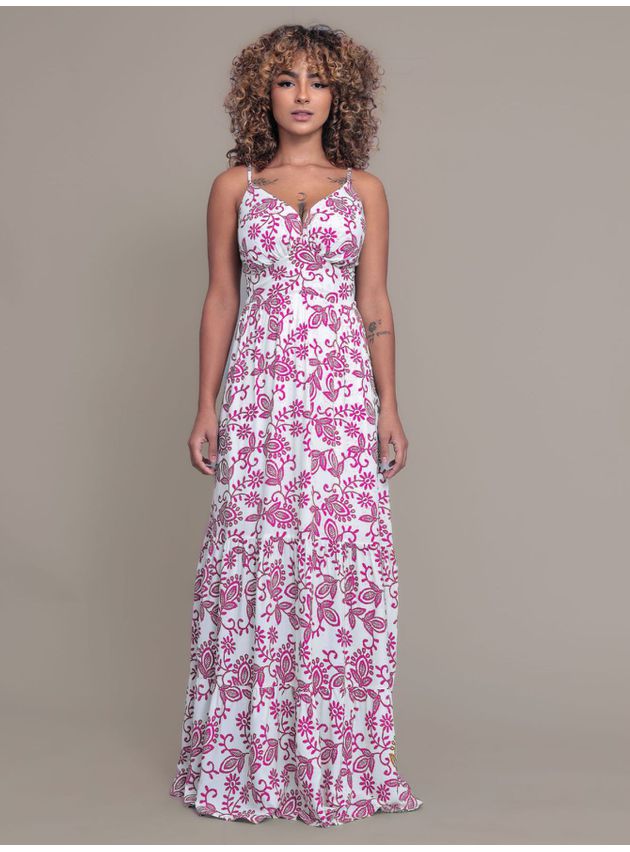 Vestido Longo Flores Alcinha Elegante - Rosa