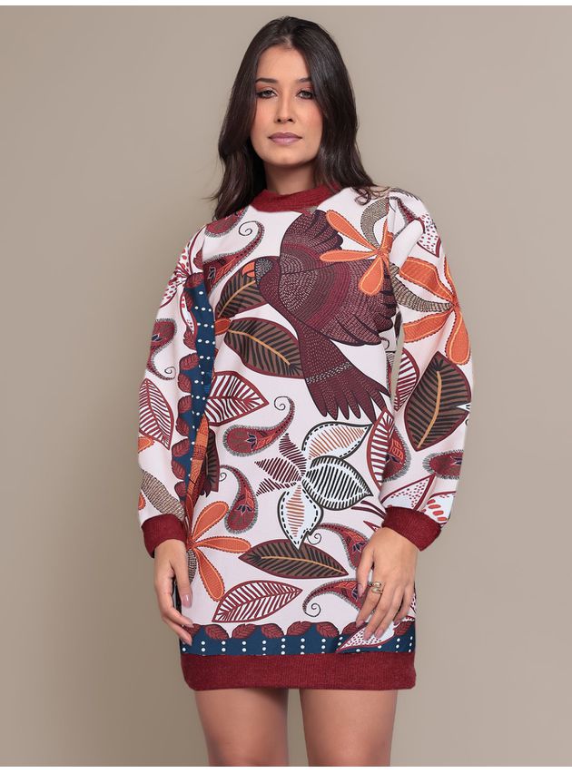 Vestido Feminino Manga Longa Casual Estampado Gola Alta Moda