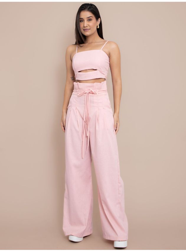 Conjunto Jessica Pantalona + Cropped - Rosa Claro