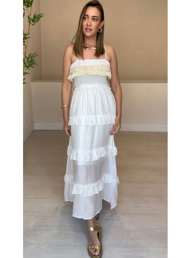 Vestido Longo Flora Com Babados- Branco
