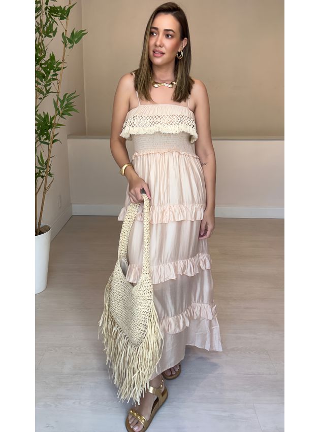 Vestido Longo Flora Com Babados- Nude