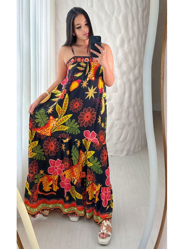 Vestido Longo Beatriz Estampado Com Amarração - Preto