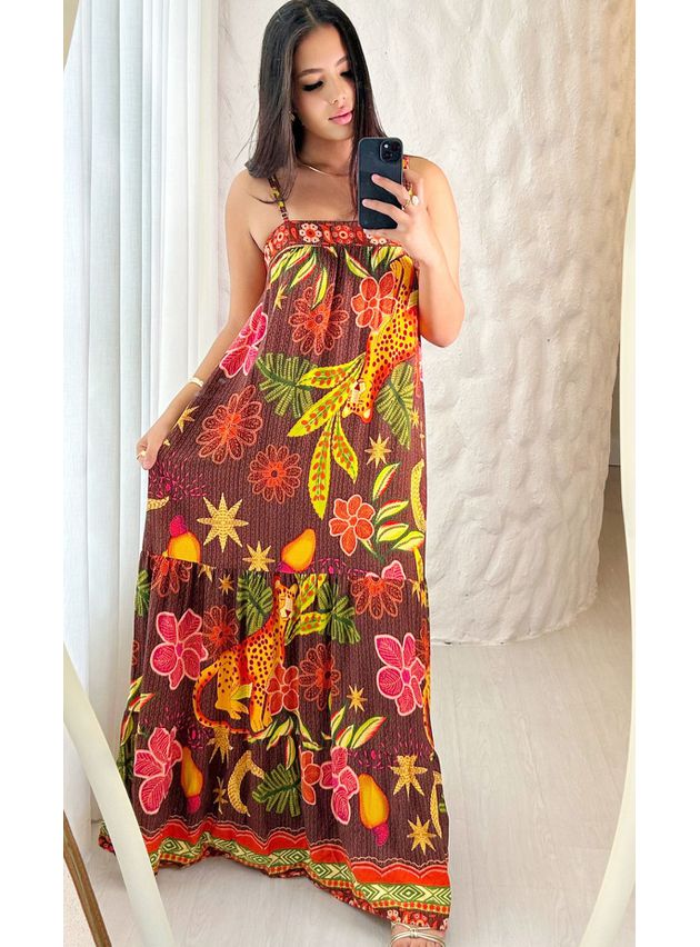 Vestido Longo Beatriz Estampado Com Amarração - Marrom