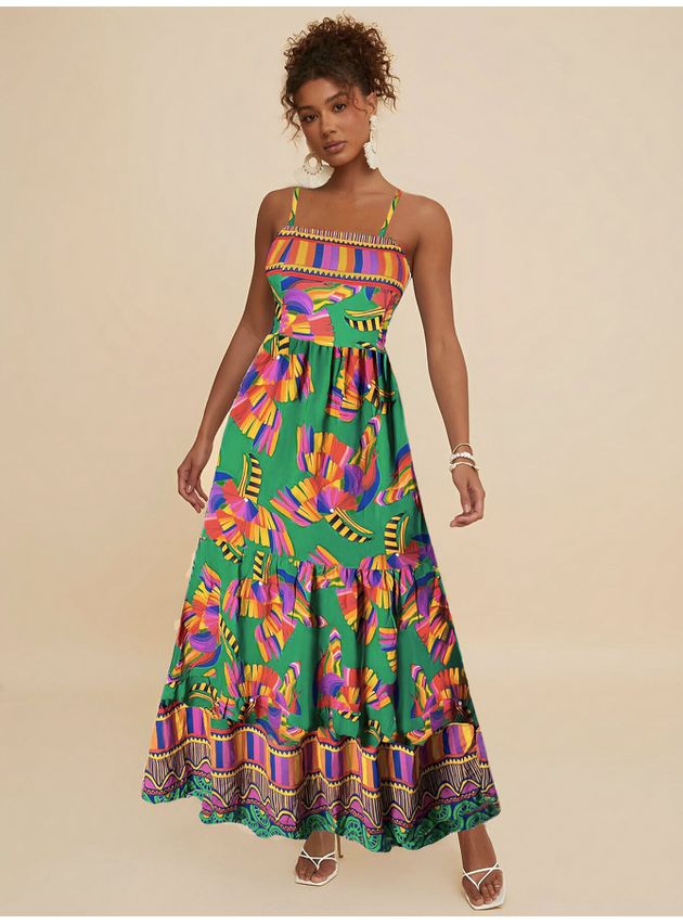 Vestido Maria Longo Decote Reto Estampa Tucano