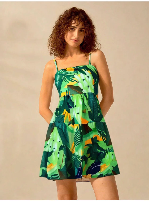 Vestido Ivete Curto Estampa Tropical - Verde 
