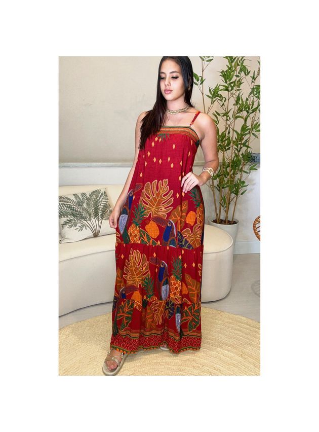 Vestido Longo Maisa Decote Reto Estampa Florida - Vemelho
