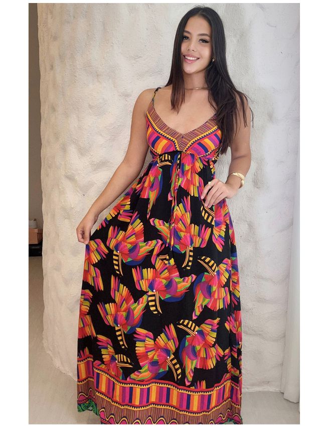 Vestido Isadora Longo Estampa Tucano- Preto