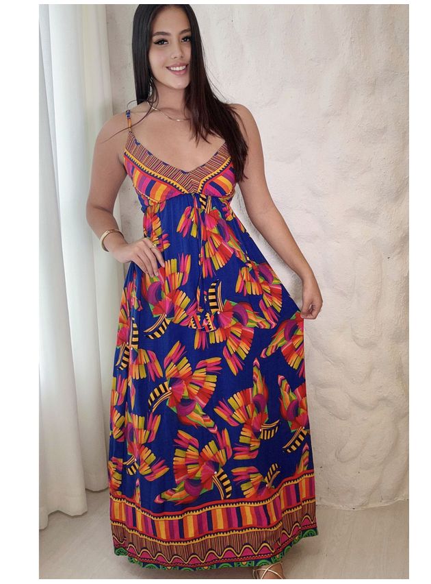 Vestido Isadora Longo Estampa Tucano - Azul