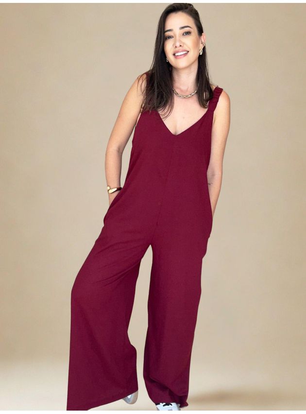 Macacão Sthe Pantalona de Alcinha Liso- Vinho