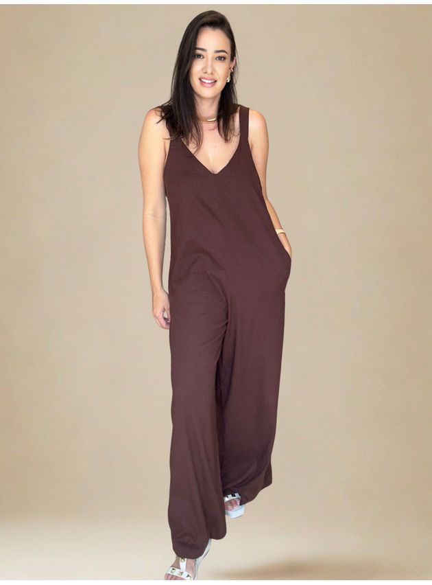 Macacão Sthe Pantalona de Alcinha Liso- Marrom