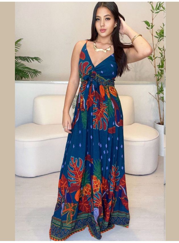 Vestido Samanta Longo Estampa - Azul