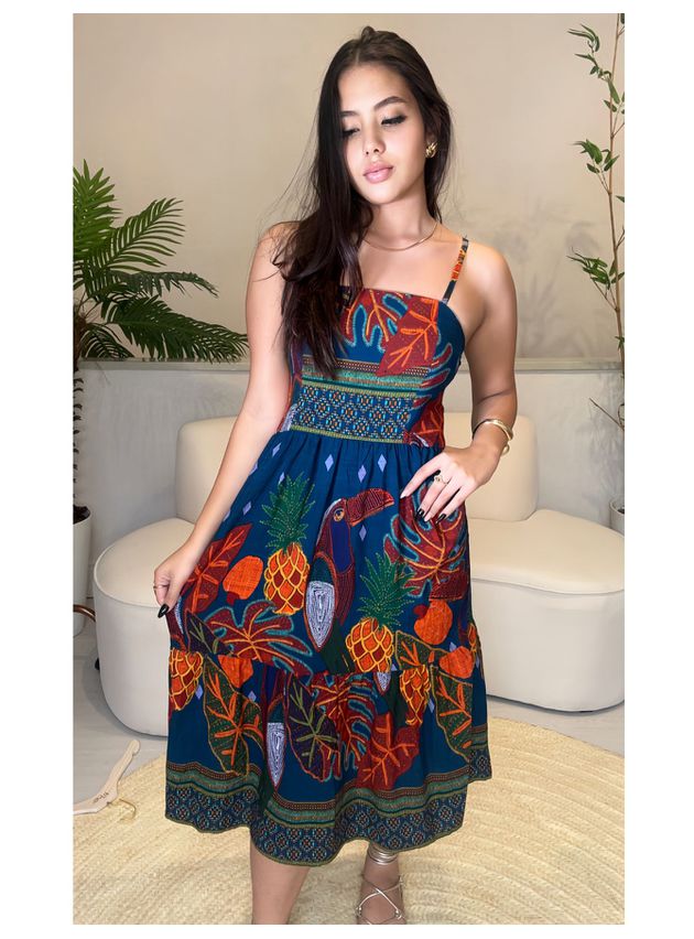 Vestido Midi Jessica Estampa Vintage- Azul
