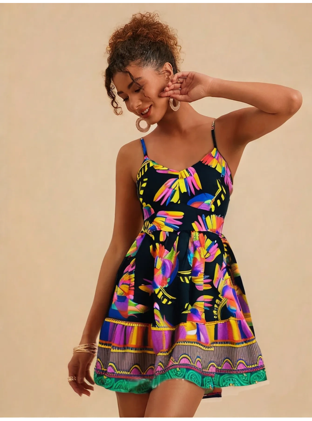Vestido Curto Taina Estampa Tucano Decote em V - Preto