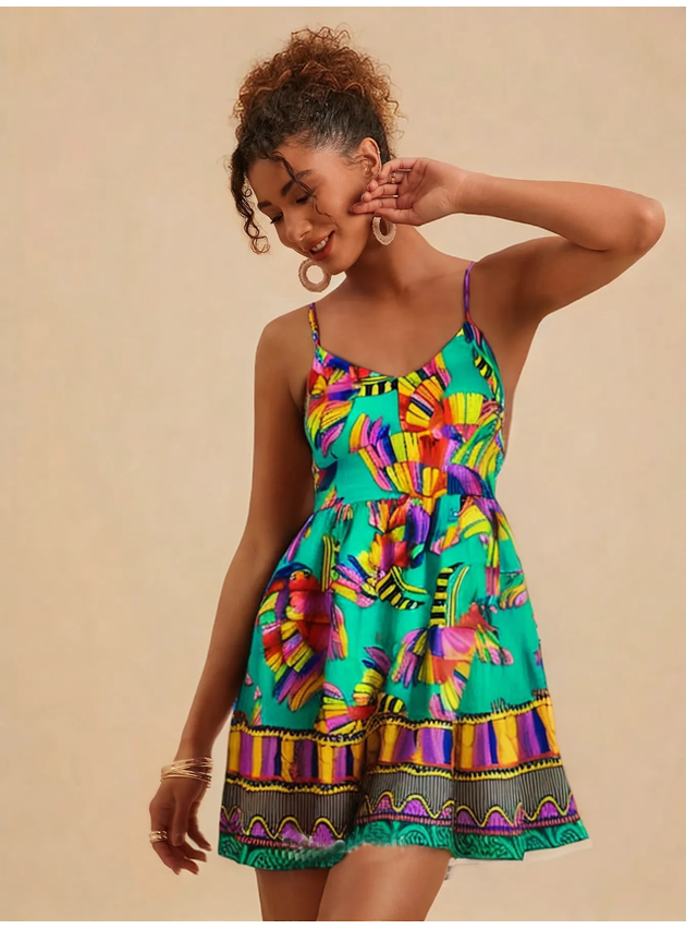 Vestido Curto Taina Estampa Tucano Decote em V - Verde