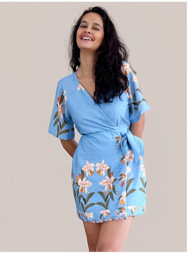 Vestido Yasmin Kimono Azul Florido