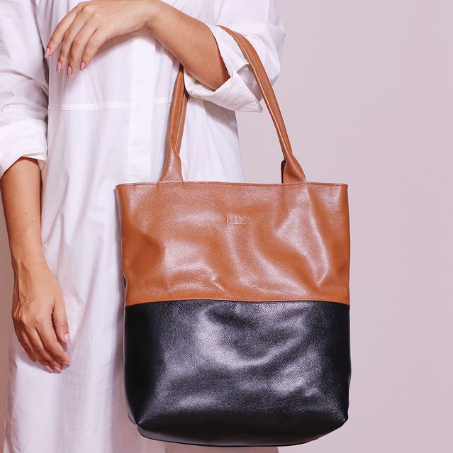 Bolsa de Couro - BICOLOR - Caramelo e Preta