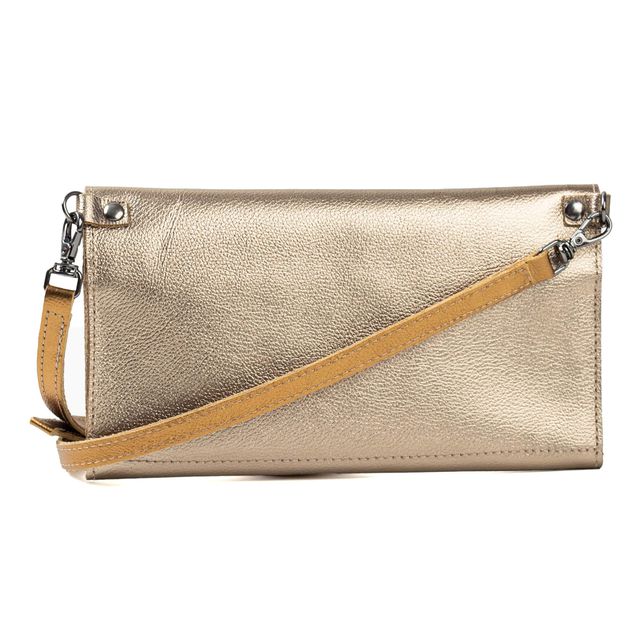 Bolsa CARTEIRA Couro Legítimo Bubblê - Champagne e Bronze