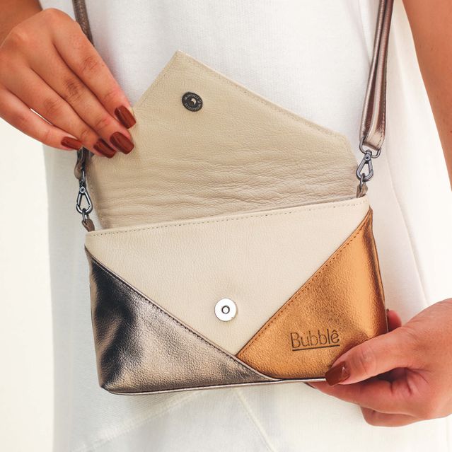 Bolsa de Couro - ENVELOPINHO - Off White, Champagne E Bronze