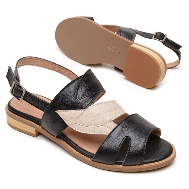 Sandália Rasteira - FOLHA - Preta e Off White - 842.96