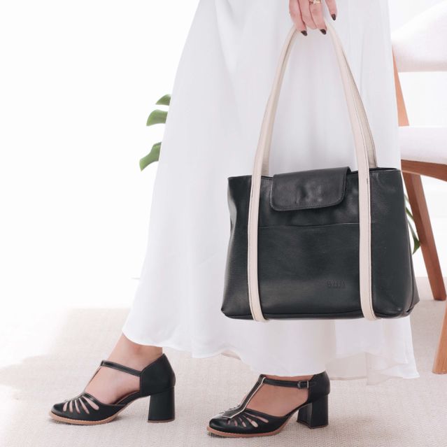 Bolsa de Couro - DESTINO - Preta e Off White