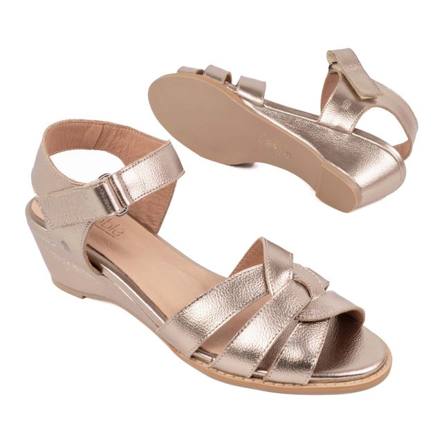 Sandália Anabela Couro Legítimo Champagne - MANDALA