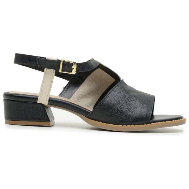Sandália Salto Baixo Preto e Off White- Rara - 965-09 