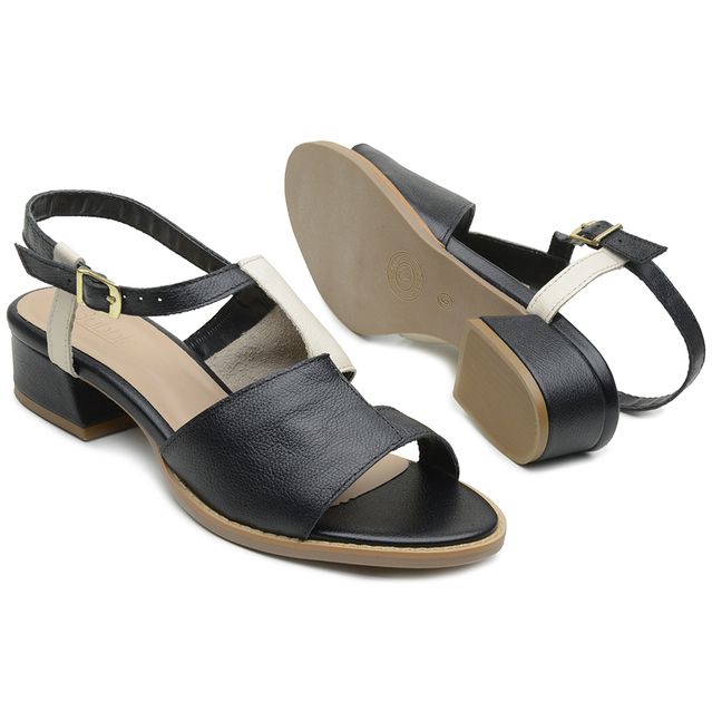 Sandália Salto Baixo Preto e Off White- Rara - 965-09 