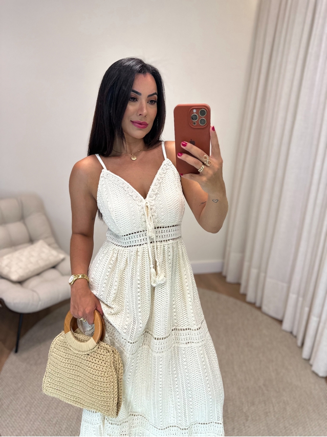 Vestido Longo Crochê Rendado Areia