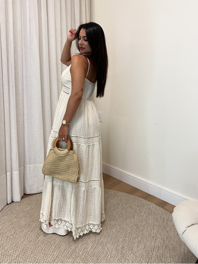 Vestido Longo Crochê Rendado Areia