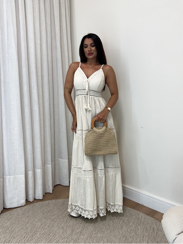 Vestido Longo Crochê Rendado Areia