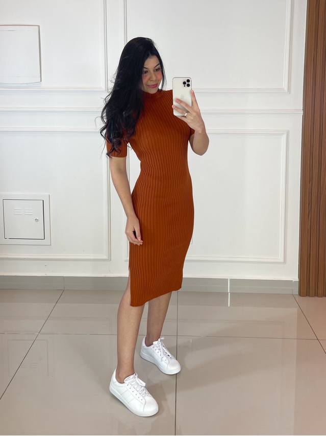 Vestido Midi Tricot Manguinha Terracota