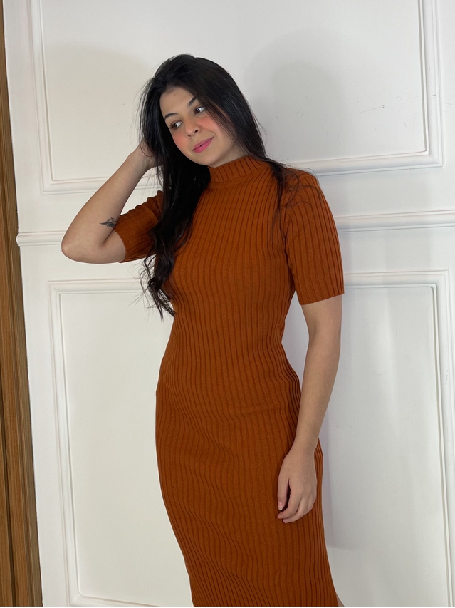 Vestido Midi Tricot Manguinha Terracota
