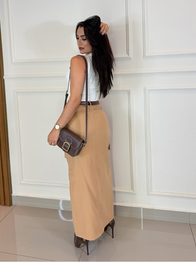 Saia Midi Stela Cáqui 