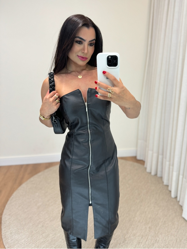 Vestido Couro Fake Tubinho Zíper 