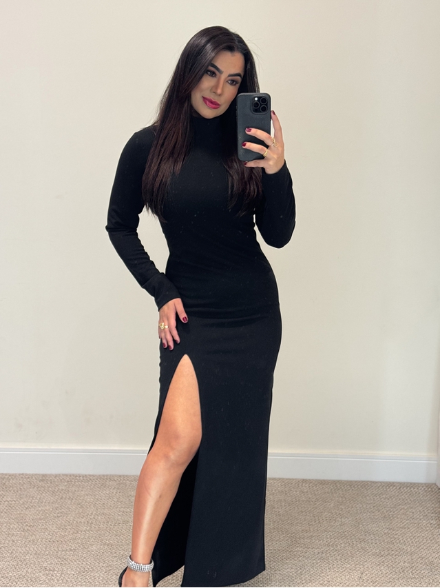 Vestido Longo Gola Alta Preto