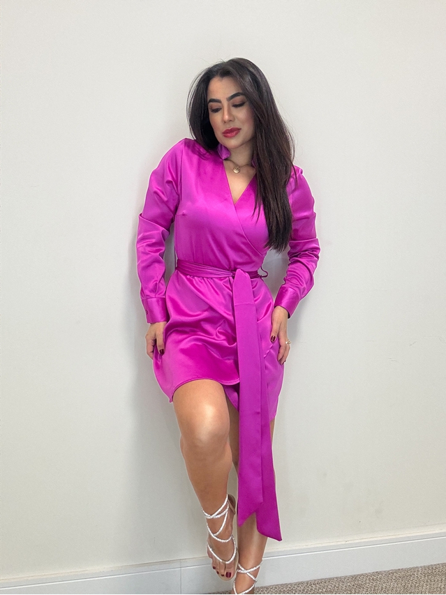 Vestido Manga Longa Acetinado Pink