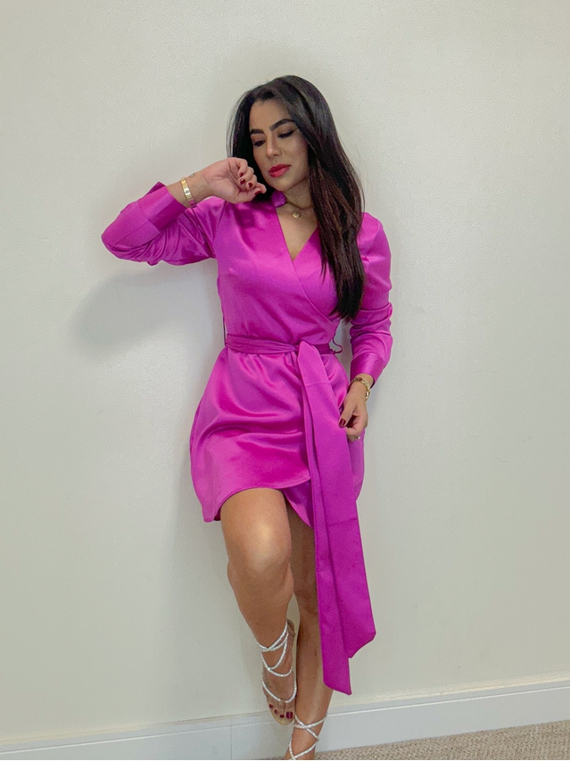 Vestido Manga Longa Acetinado Pink