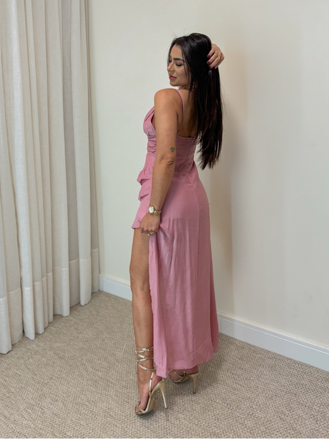 Vestido Midi Chiffon Rosa