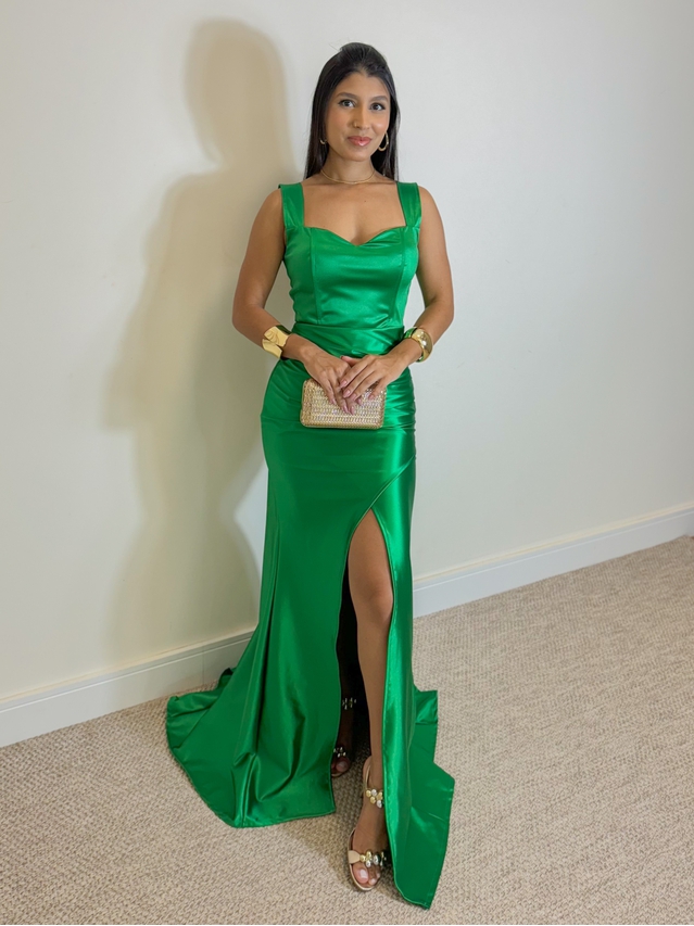Vestido Longo Festa Acetinado Verde