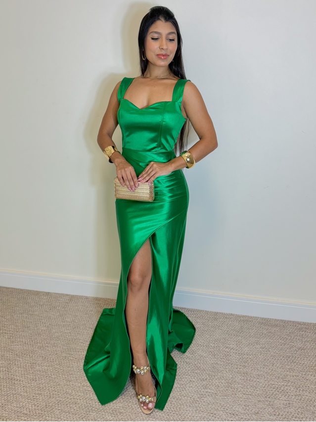 Vestido Longo Festa Acetinado Verde