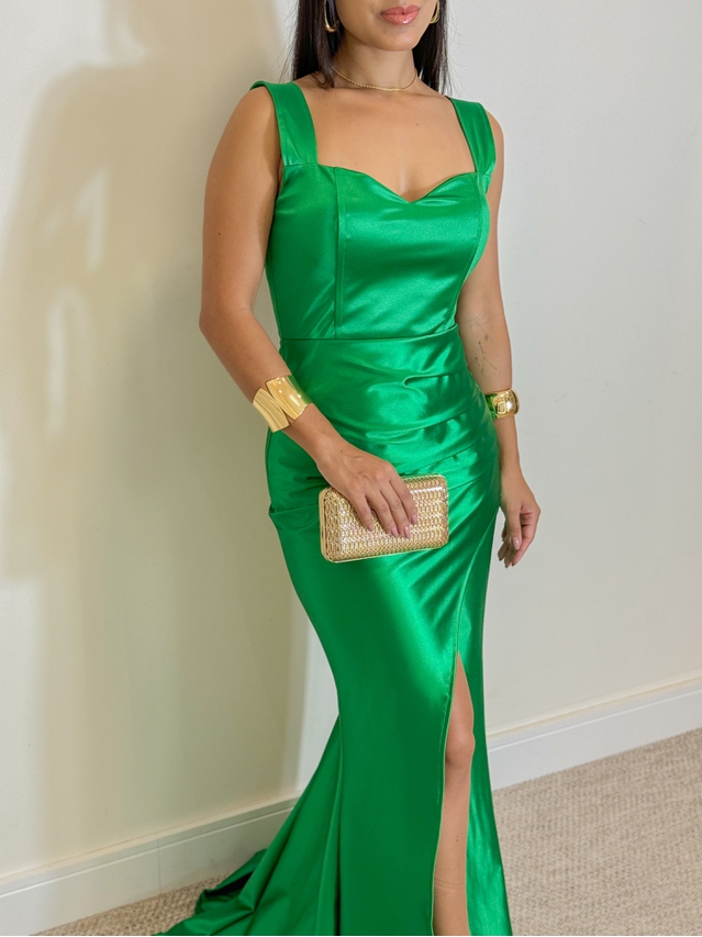 Vestido Longo Festa Acetinado Verde