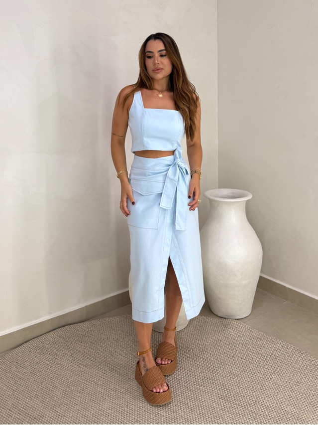 Saia Midi Sarja Transpassada Azul 